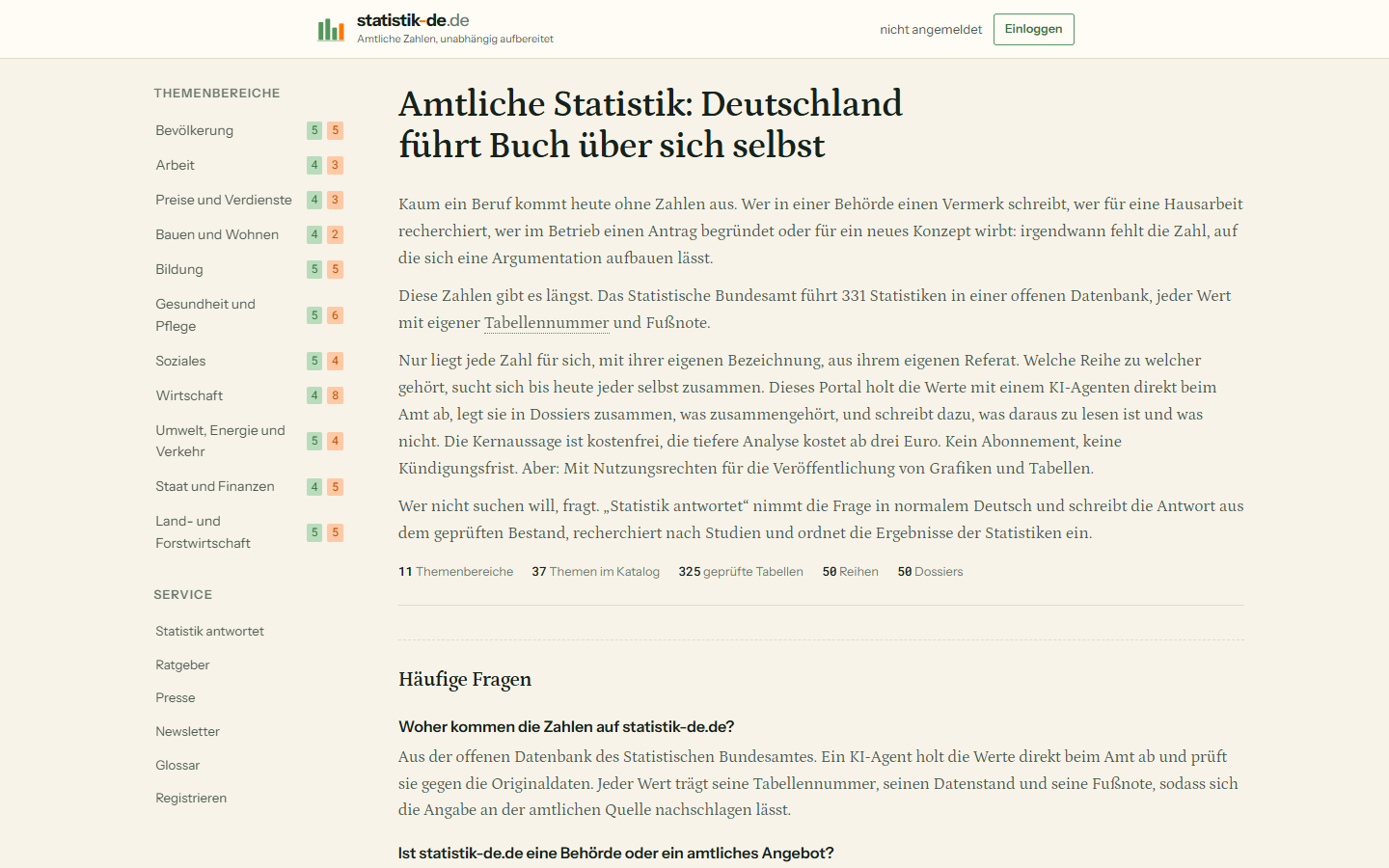 Startseite von statistik-de.de mit elf Themenbereichen und geprüften Tabellen des Statistischen Bundesamtes